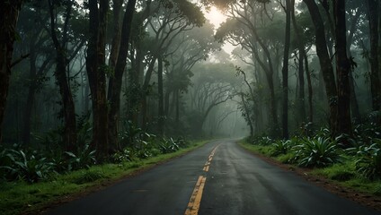 Obraz premium Jungle road with trees on both sides.