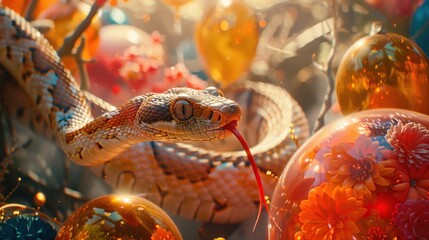 Fototapeta premium Snake amidst vibrant flowers and glass orbs in a surreal setting.