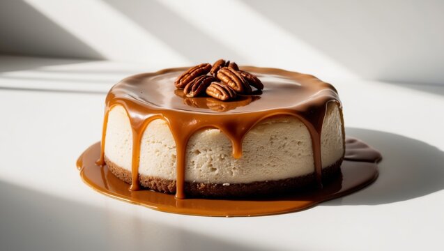Caramel pecan cheesecake with drip caramel topping.