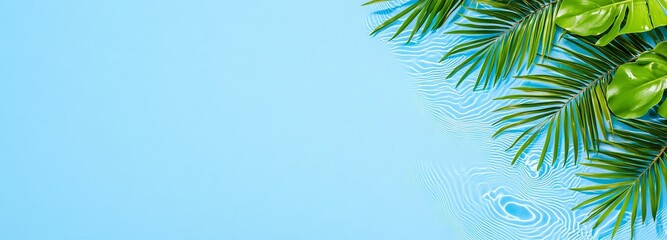 Obraz premium A serene, deserted beach scene with palm leaf shadows and clear waves viewed from above, featuring a blank banner for travel, vacation, and wellness, with ample copy space.