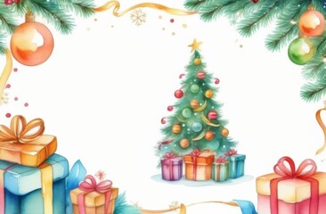 New Year card with gifts, Christmas tree, New Year hats, deer with place for text