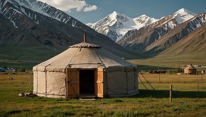 Kazakh yurt with mountains as the backdrop.