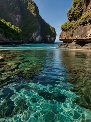 Obraz premium Kelingking Beach in Bali, with turquoise waters and rocky cliffs.