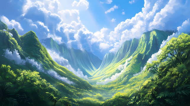 Majestic koolau mountain range on oahu's lush windward coast, hawaii, with misty clouds and verdant tropical foliage under a bright blue sky. Verdant. Illustration