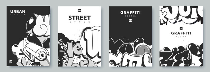 Abstract graffiti poster in black and white colors with doodles, scribbles and throw up pieces. Street art background collection. Artistic covers set in hand drawn graffiti style. Vector illustration © alexandertrou