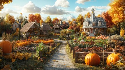 Obraz premium Charming autumn village scene with colorful houses, gardens, pumpkins, and a dirt path.