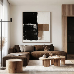 Modern minimalist living room with a brown sofa, wooden accents, large abstract art, and natural light for warmth and elegance.