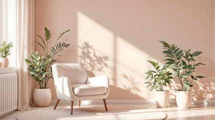 Minimalist living room with white armchair and plants in modern scandinavian interior 