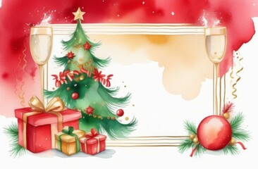 Naklejka premium New Year card with gifts, Christmas tree, New Year hats, deer with place for text