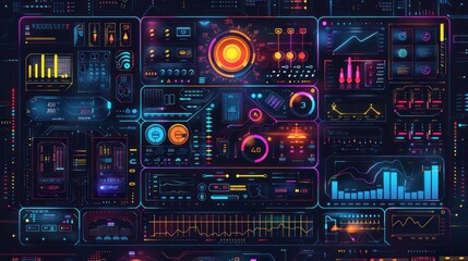 Fototapeta premium Futuristic digital dashboard with glowing interfaces and data visualizations.