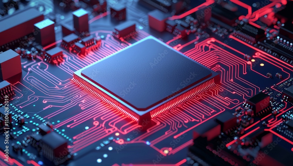 Poster this advanced microchip circuit board, featuring intricate patterns and glowing lights, epitomizes t