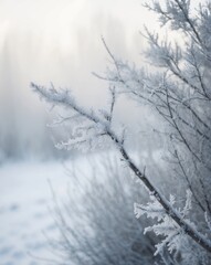Closeup of a tree and bush covered in hoarfrost and snow during winter.