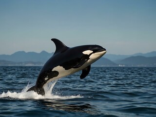 Killer whale leaping from the water in the Pacific Ocean.