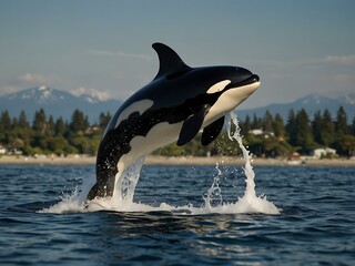 Fototapeta premium Killer whale leaping from the water in the Pacific Ocean.