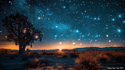 Fototapeta premium Silhouette tree at dawn, desert landscape under a vibrant night sky full of stars and Milky Way.