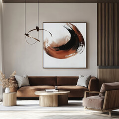 Modern minimalist living room with a brown sofa, wooden accents, large abstract art, and natural light for warmth and elegance.