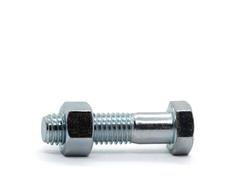 A zinc plated hex bolt with a nut fastened on the end on a plain white back ground.