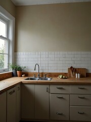 Kitchen with an empty wall in front.