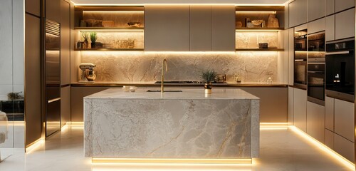 A contemporary kitchen with soft beige cabinets, glowing LED strip lighting, and a large marble island with brass accents, complemented by stainless steel appliances and open shelving.