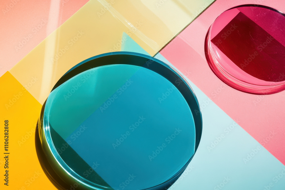 Poster bright colorful abstract background made by transparent colored glass empty product display showcase