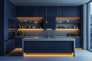A minimalist kitchen with deep navy blue cabinetry, glowing under-cabinet lighting, and a central island with concrete tops, accented by brass pendant lights and open shelving.