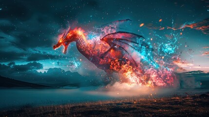 Fiery dragon soaring through a twilight sky, with vibrant colors and ethereal smoke effects.