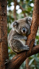 Obraz premium Koala bear sleeping on a tree branch.