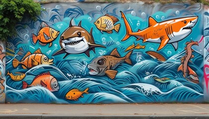 A vibrant mural depicts various cartoonish fish and sharks swimming in dynamic ocean waves, showcasing a playful and colorful underwater scene.