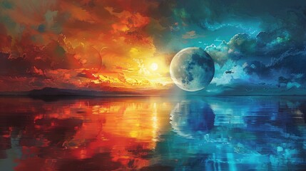 Surreal sunset and moonrise over calm water, reflecting fiery and cool colors.