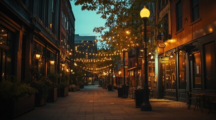 Tranquil evening cityscape, illuminated alleyway with string lights and warm glow.