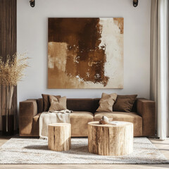 Modern minimalist living room with a brown sofa, wooden accents, large abstract art, and natural light for warmth and elegance.