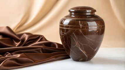 Brown marble urn on a rich brown silk fabric background