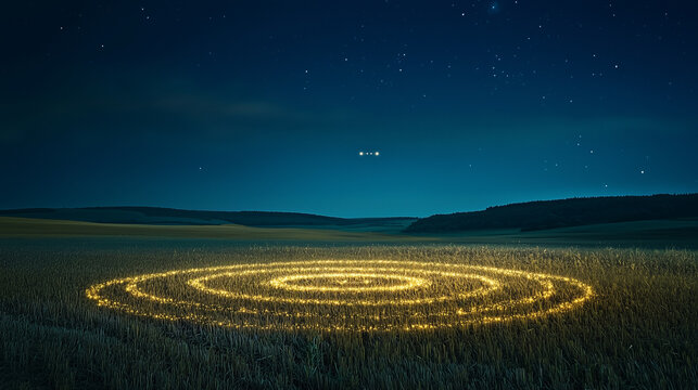 A mysterious crop circle glowing in a vast field at night, with distant lights suggesting a UFO nearby