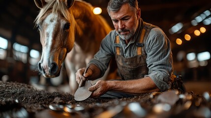 A man crafts tools beside his horse.