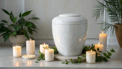White marble cremation urn on a beautiful white marble background with flowers and candles
