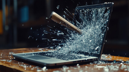 Sledgehammer Strikes Laptop, Shattering It Into a Myriad of Glass Fragments in a Dramatic Display of Destruction