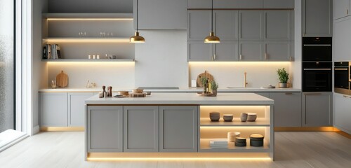 A minimalist kitchen with light gray cabinetry, glowing under-cabinet lighting, and a central island with quartz countertops, featuring brass hardware and open shelving.