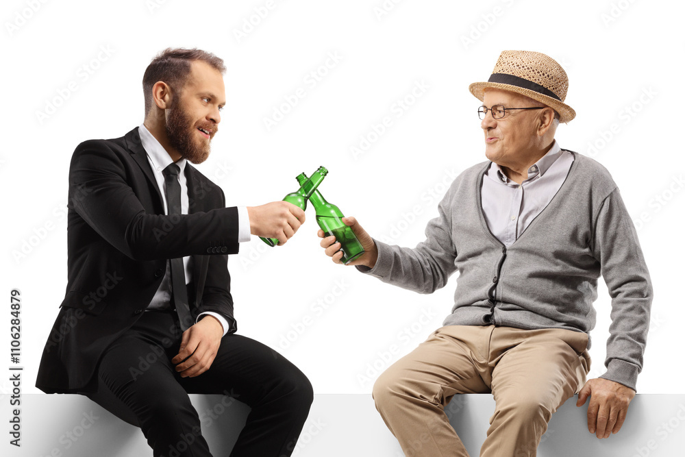 Sticker Businessman and an elderly man toasting with bottles of beer