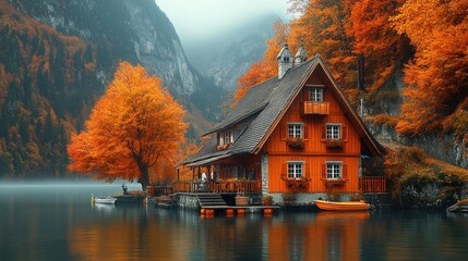 Orange lake house in autumnal mountain scenery.