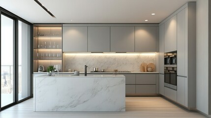 A minimalist kitchen with light gray cabinetry, subtle recessed lighting, and a marble island, featuring sleek integrated appliances and open glass shelving.