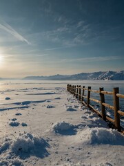 Lake Baikal in New Year&rsquo;s frost, snow-covered embankment.