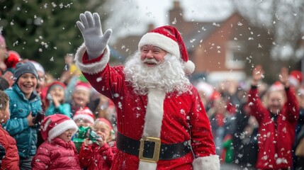 Santa Claus handing out gifts at a Christmas parade