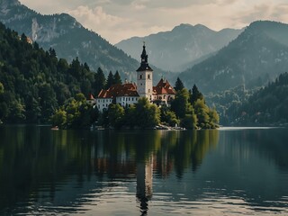Fototapeta premium Lake Bled in the mountains during the day.