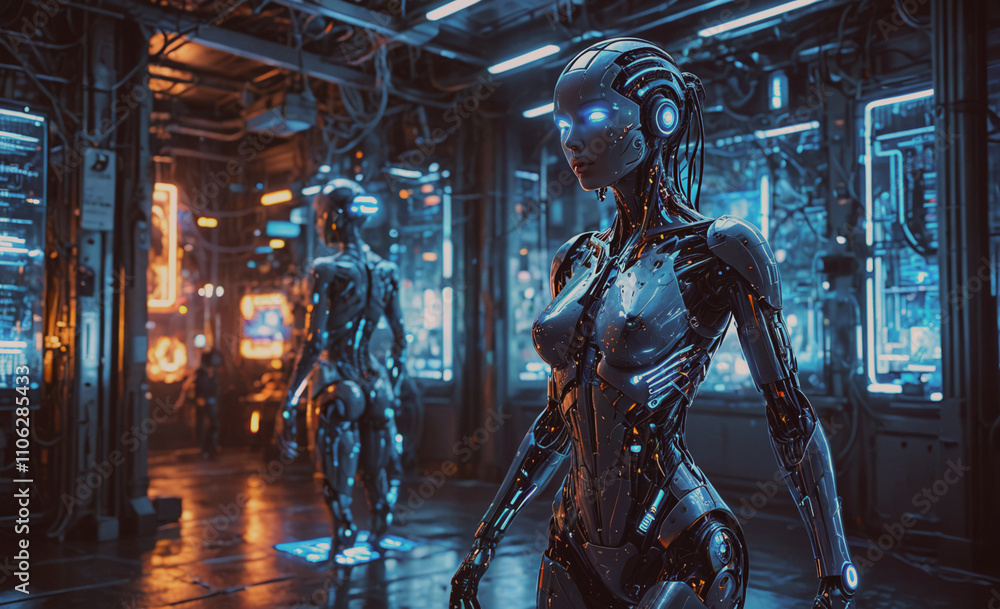 Poster woman in a robot suit stands in a room with other robots. she is wearing a blue suit and has a blue 