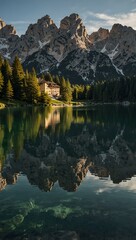 Fototapeta premium Lake Misurina in the Dolomites with glowing peaks and reflections.