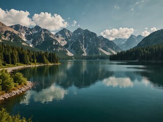 Naklejka premium Lake nestled in the mountains.