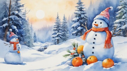 Charming snowmen in a wintry landscape with oranges and a serene mountain backdrop