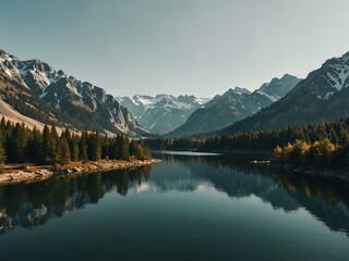 Naklejka premium Lake nestled in the mountains.