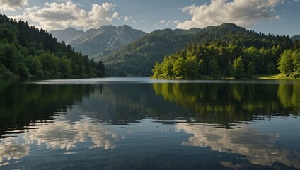 Naklejka premium Lake reflection in serene surroundings.