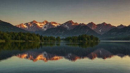 Lake scene with sunset, reflection, and mountains.